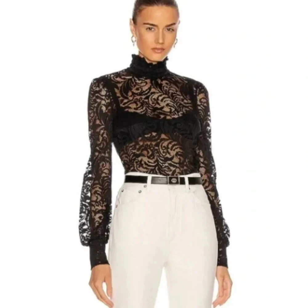 L'Agence Samara Black Sheer Lace Long Sleeve Bell Sleeve Turtleneck Top XS - Picture 16 of 16